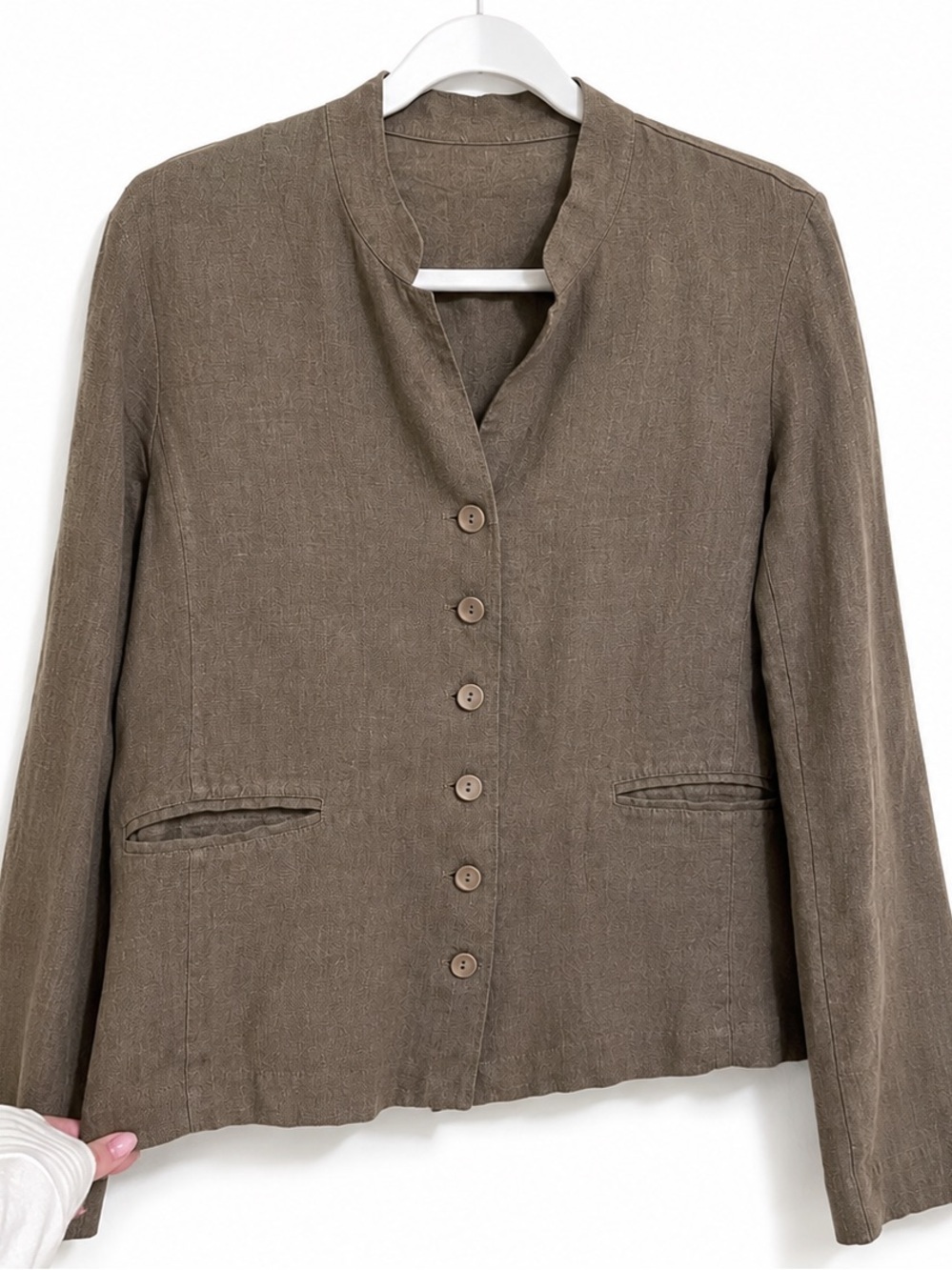 Eileen Fisher Gray 100% Irish Linen Button Front Blazer Jacket – Fits Size Small - Picture 3 of 7